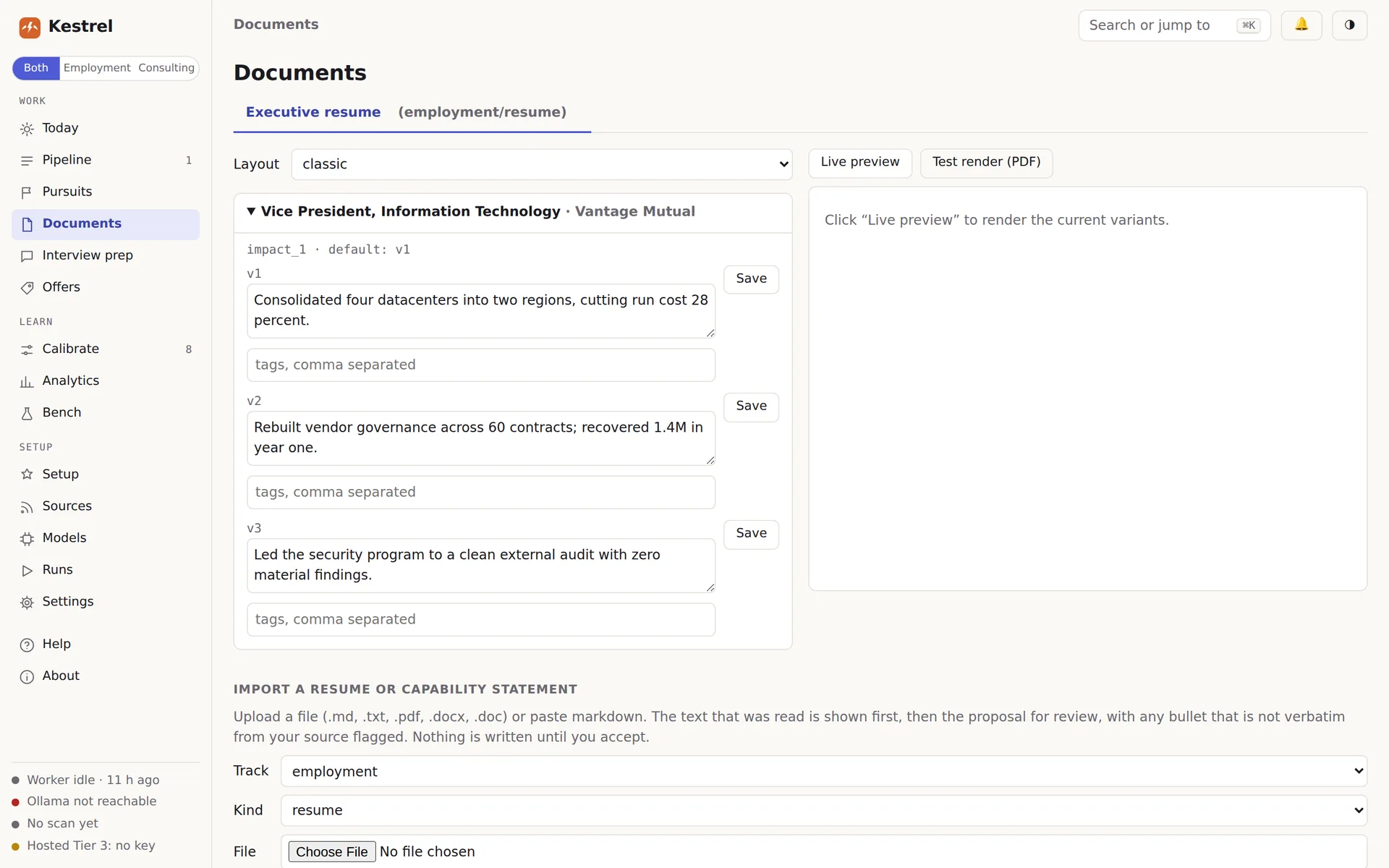 The resume editor: one resume line written three ways, each saved as its own version, with an option to import an existing resume below.