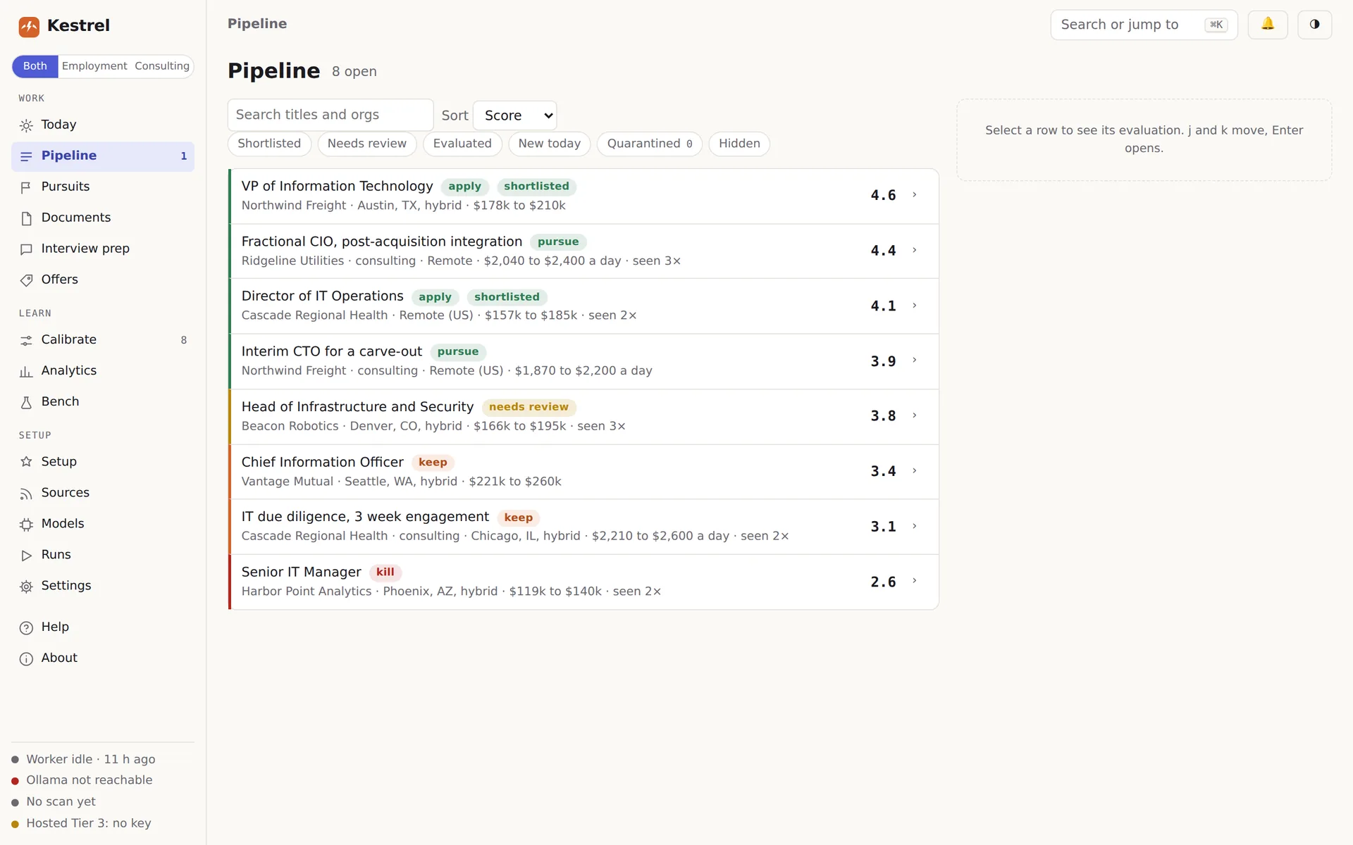 The pipeline: eight sample openings, each with a verdict, a one-line summary of pay and location, and a score.